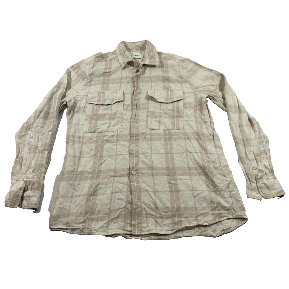 A Days March Shirt Mens Beige Plaid Button Collared Cotton Casual Pocket Sz XL